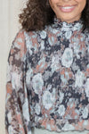 Printed Mesh Smocked Mock Neck Blouse