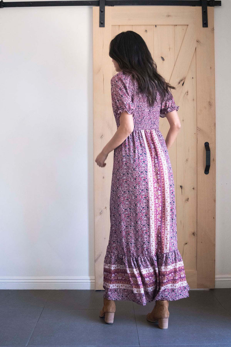 smocked maxi dress short sleeve Sample Floral Smocked Short Puff Sleeve Maxi Dress