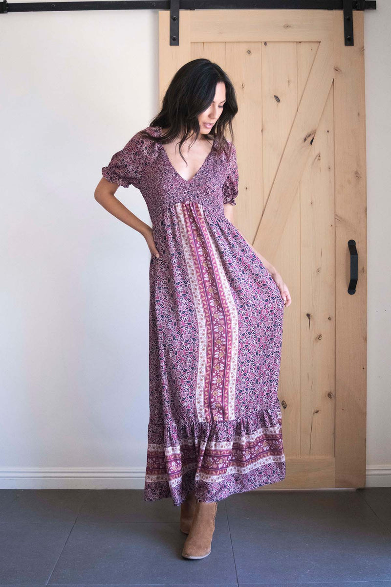 Placement print short sleeve smocked maxi dress
