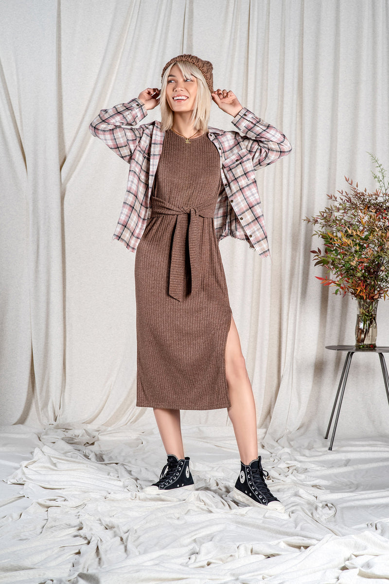 ribbed tie waist midi dress YOURS Plus Size Chocolate Brown Button Front Ribbed Tie Waist Midi Dress