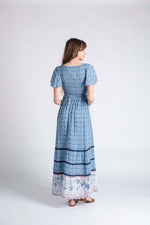 Border print smocked maxi with lace trim
