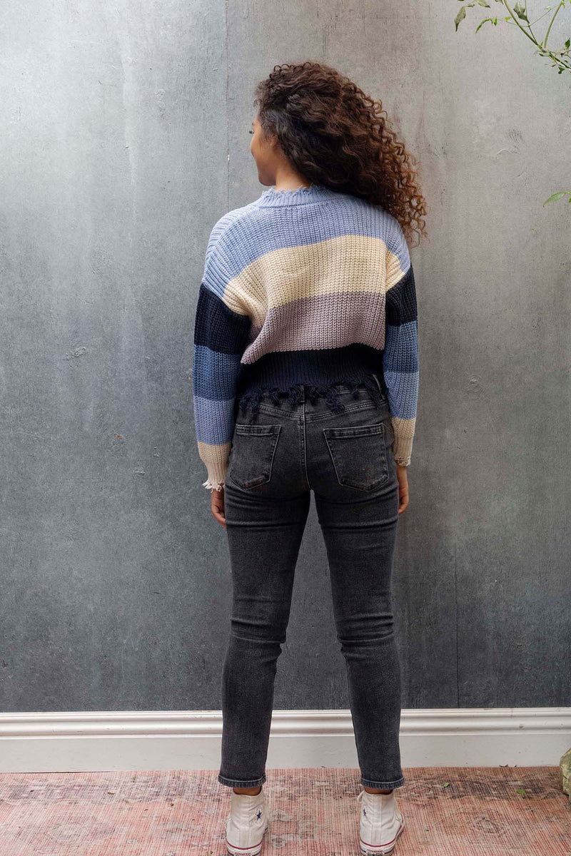 V-neck stripe deconstructed sweater