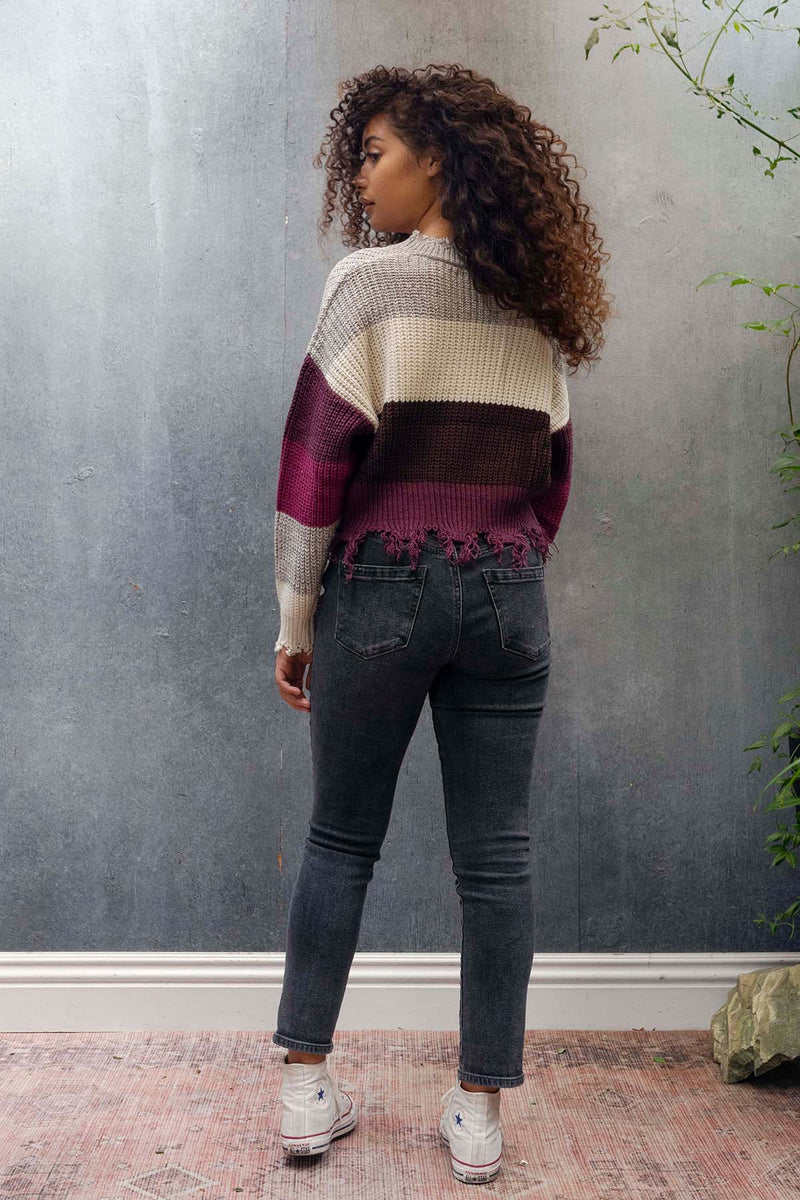 V-neck stripe deconstructed sweater