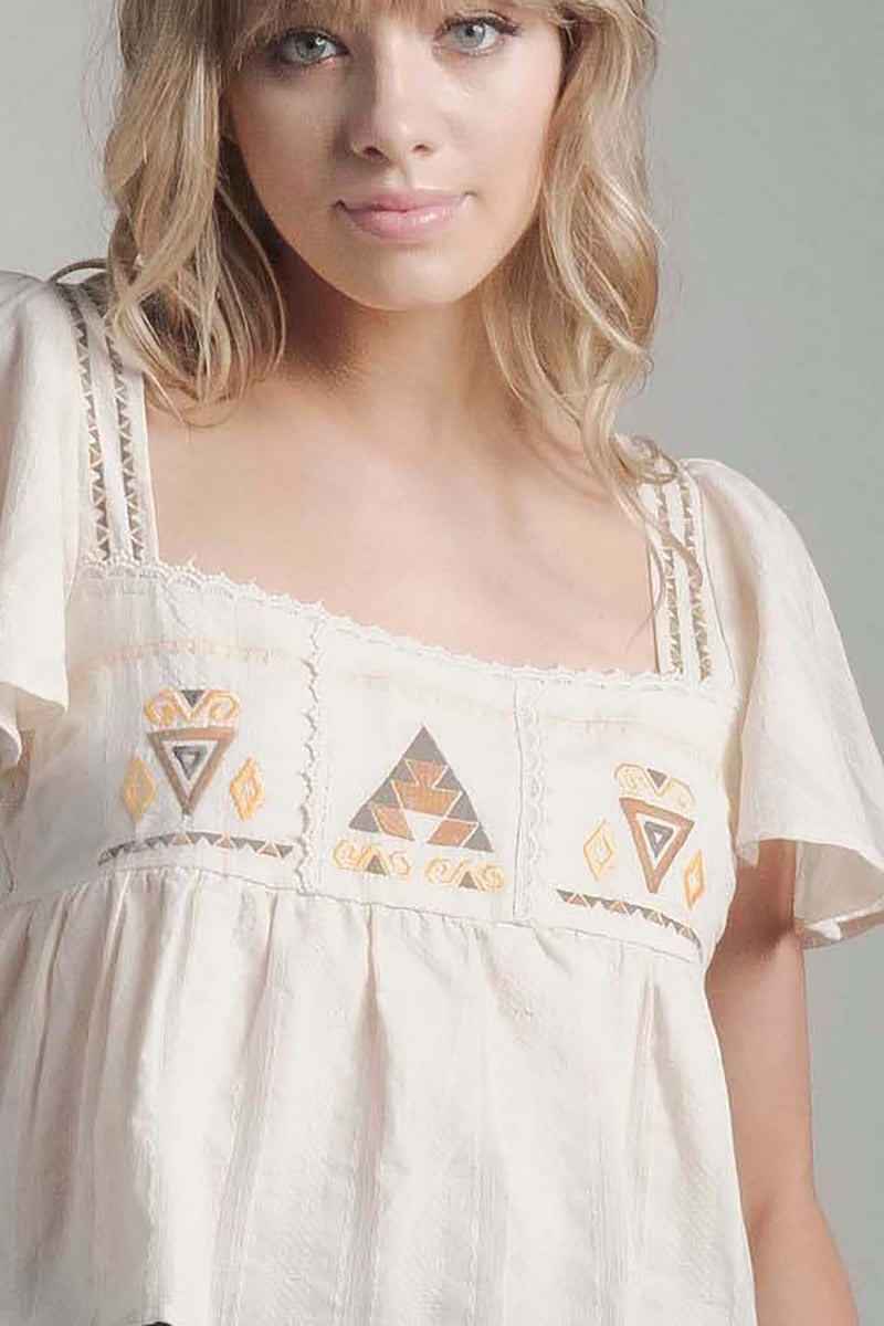 Embroidered square neck babydoll blouse