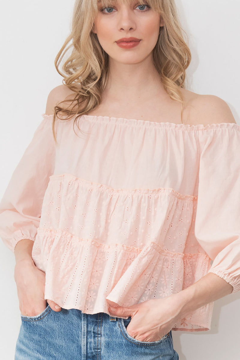 Mixed eyelet tiered off-shoulder babydoll blouse