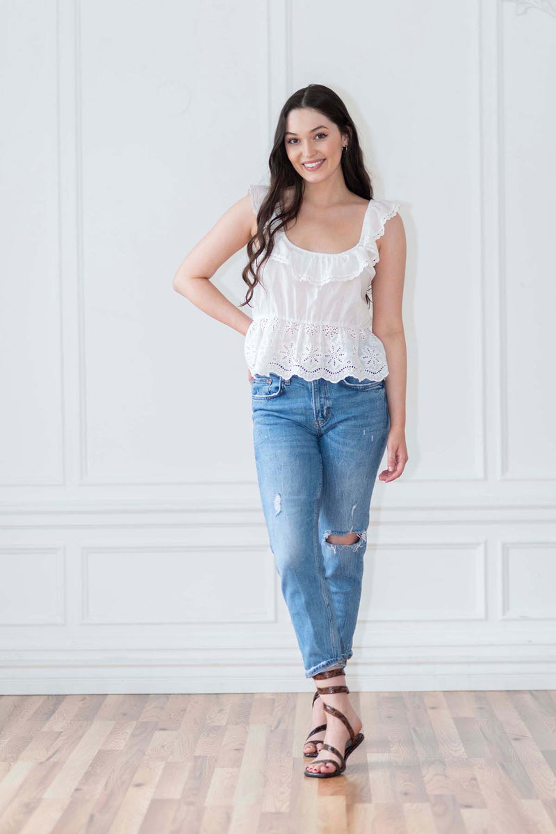 Embroidered tie back ruffle top