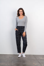 Relaxed fit tapered leg plaid drawstring pant