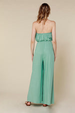 Strapless linen jumpsuit w/embroidery